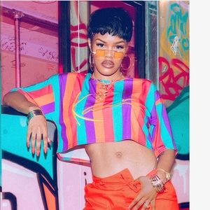 Karl Kani x PLT multi stripe crop top.